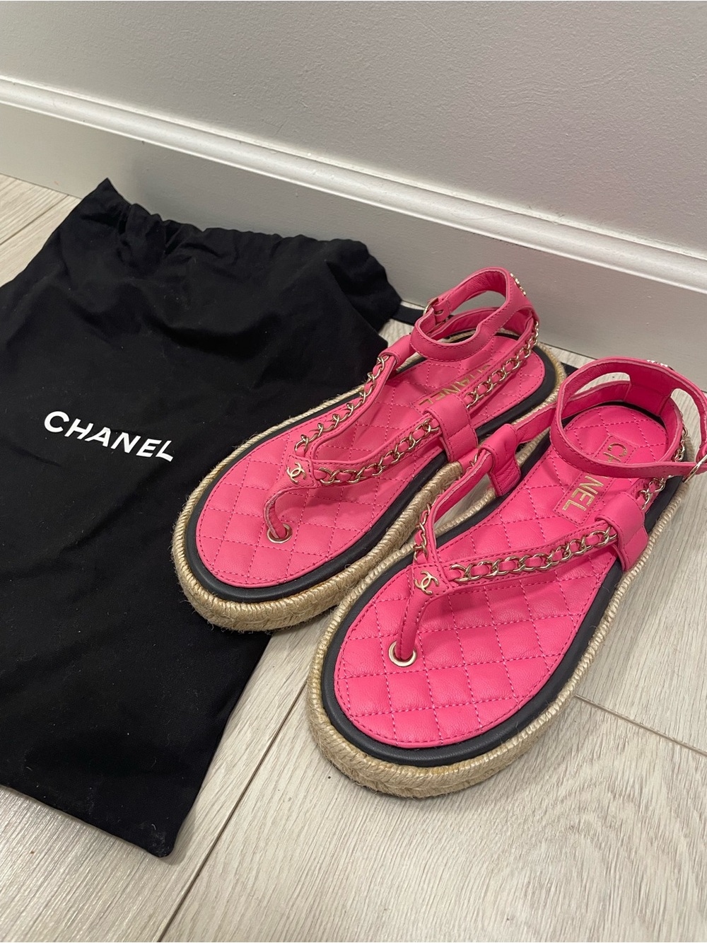 CHANEL Hot Pink Quilted Espadrille Sandals with Chain Detail